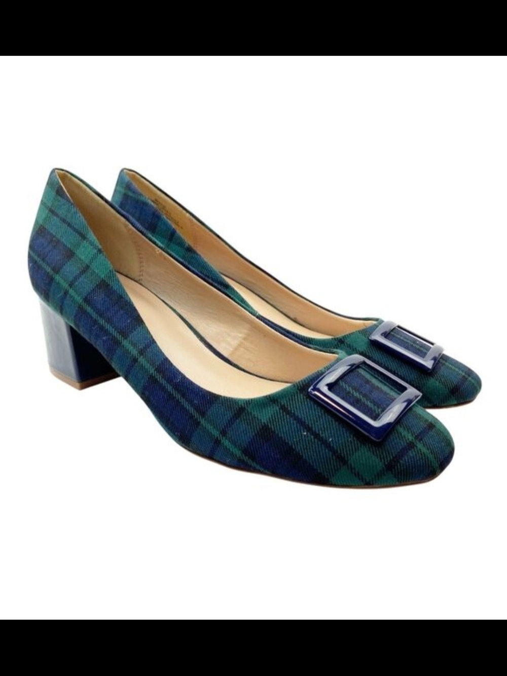 Plaid Block Heel Pumps with Buckle Accent - Green/Blue